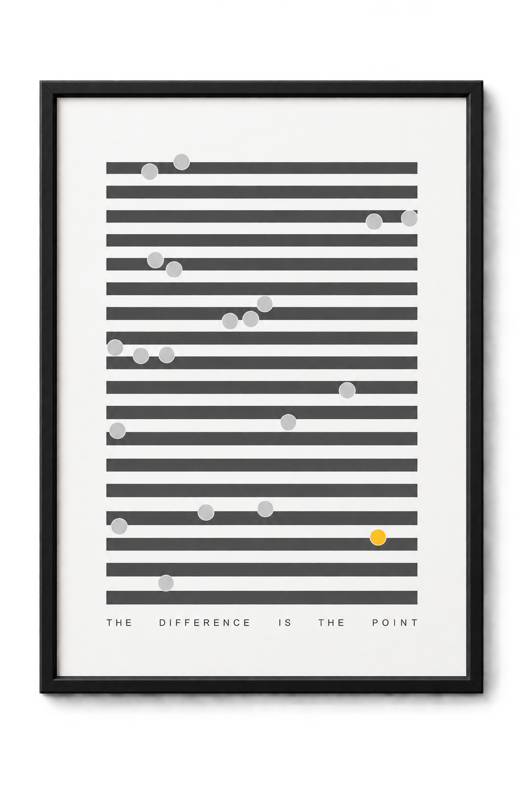 A framed print titled 'The Difference Is The Point': rows of identical grey dots on dark bars, with a single dot picked out in yellow